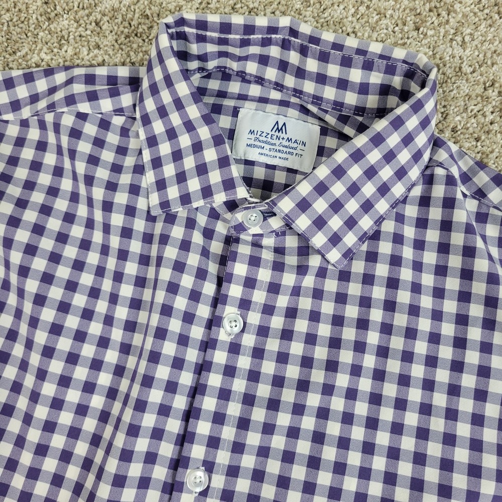 Mizzen+Main Mens Medium Purple White Gingham Check Performance Button Up LS